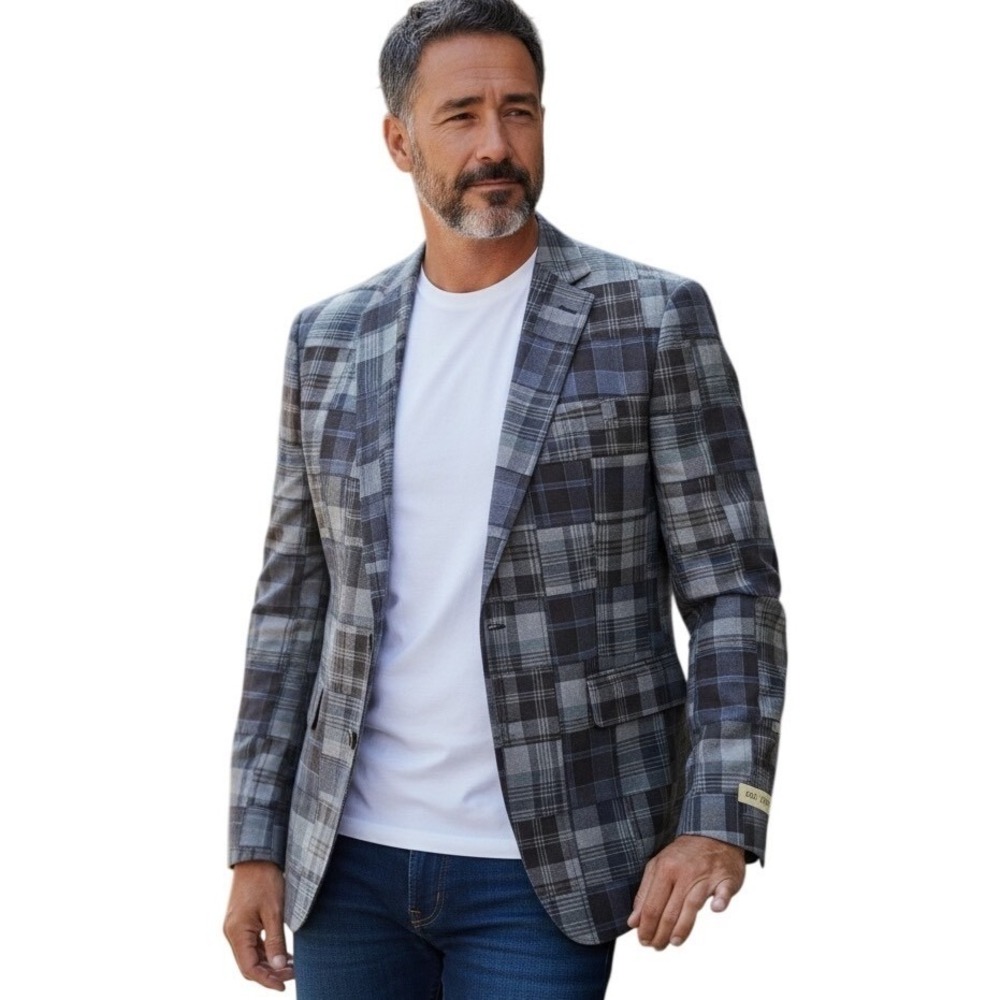 J.S. Bank 1905 44R Patchwork Madras Plaid Sport  Blazer Blue Cotton Tailored/Fit